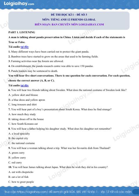 Đề thi học kì 1 Tiếng Anh 12 Friends Global - Đề số 3